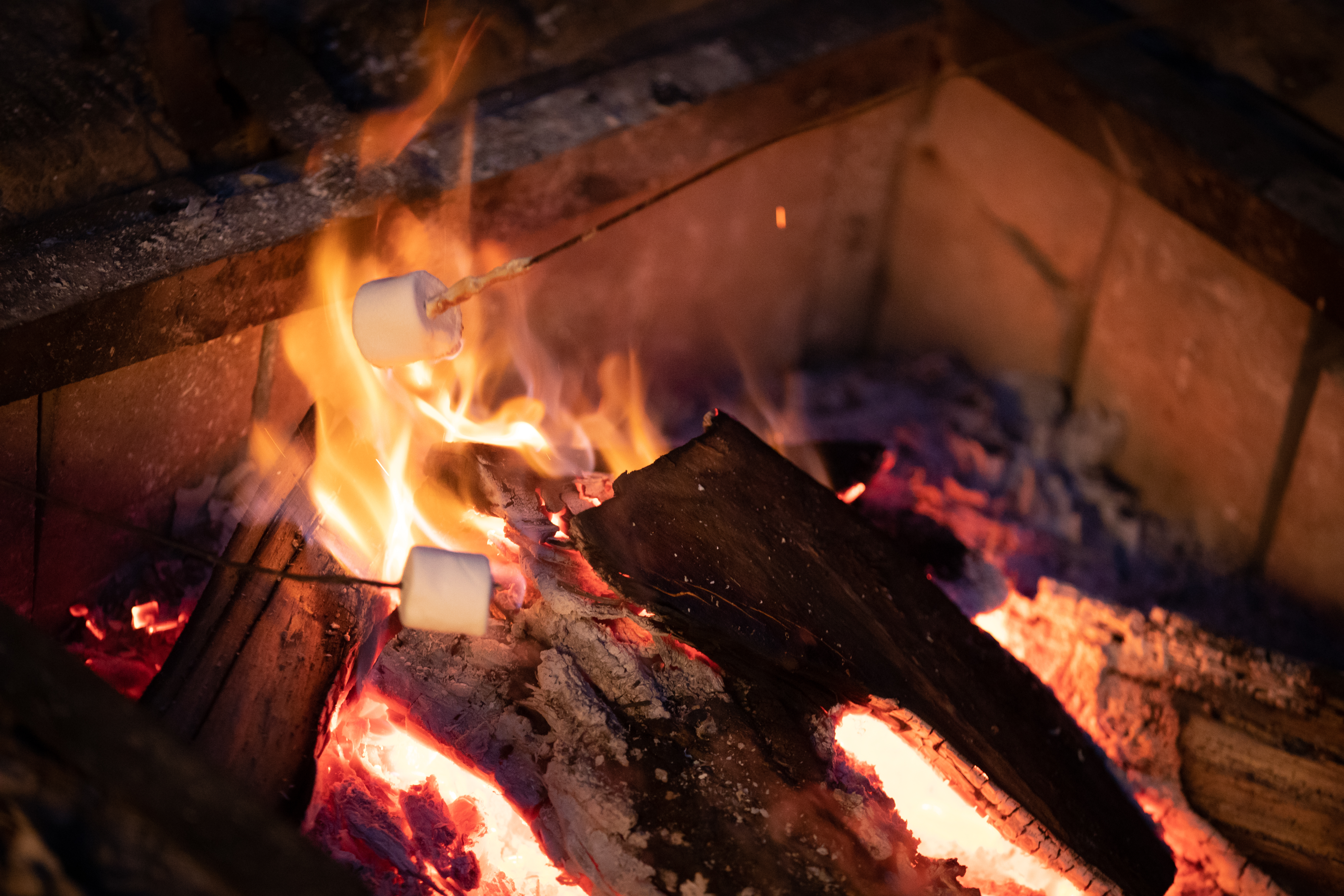 Close-up shot of marshmallows roasting over an open campfire.