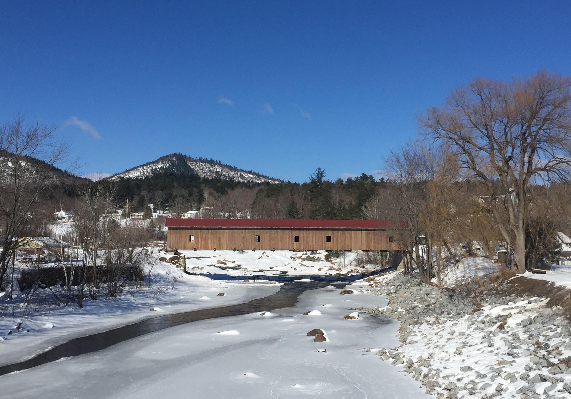 The Jay Covered Bridge stretches over the East Branch of the Ausable River 