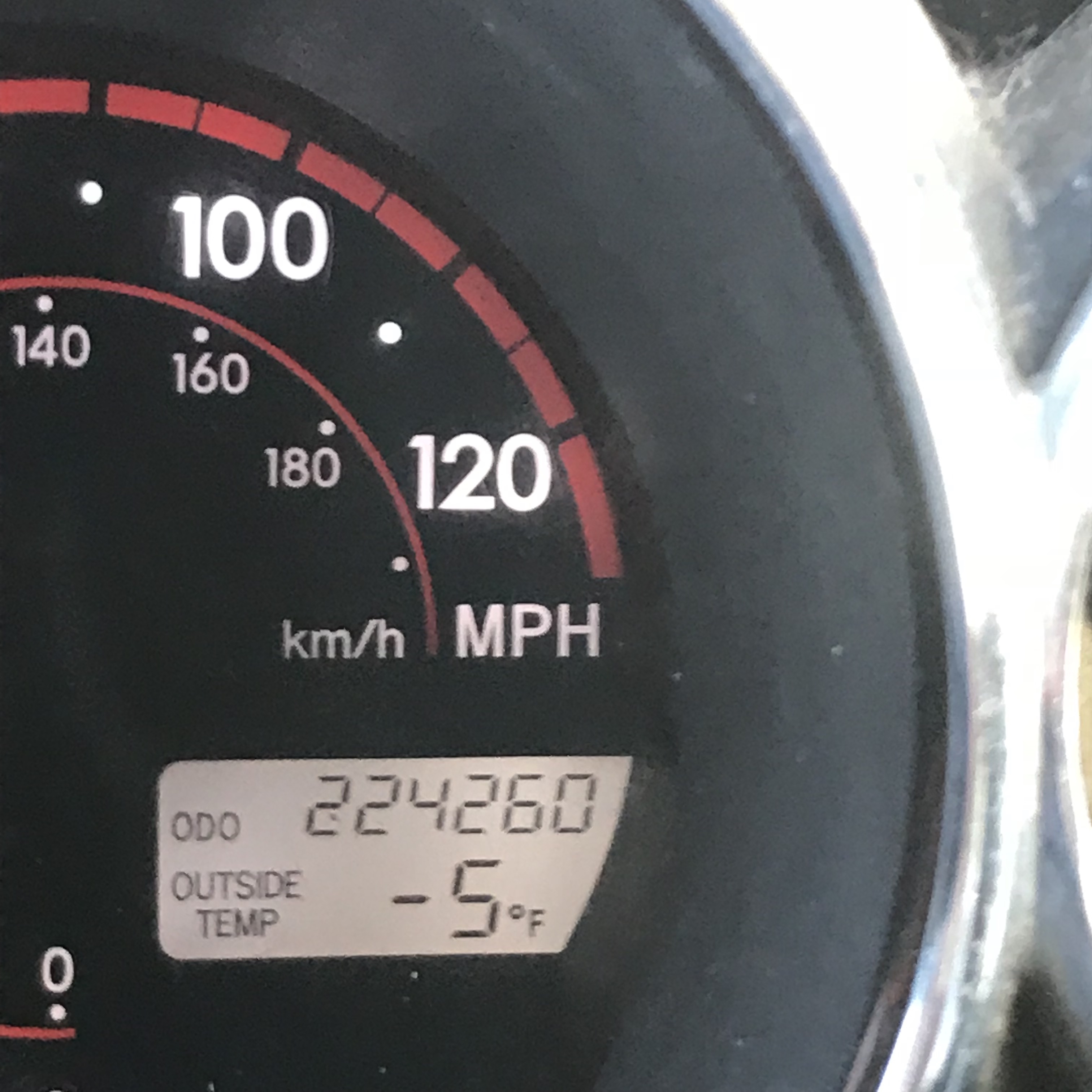 image of a car dashboard, with a close-up of the temperature showing negative five