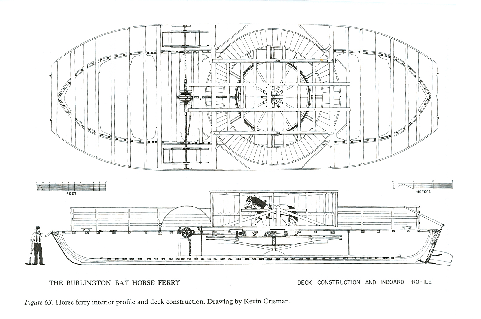 A black and white diagram of a horse-powered ferry. Image courtesy Lake Champlain Maritime Museum.