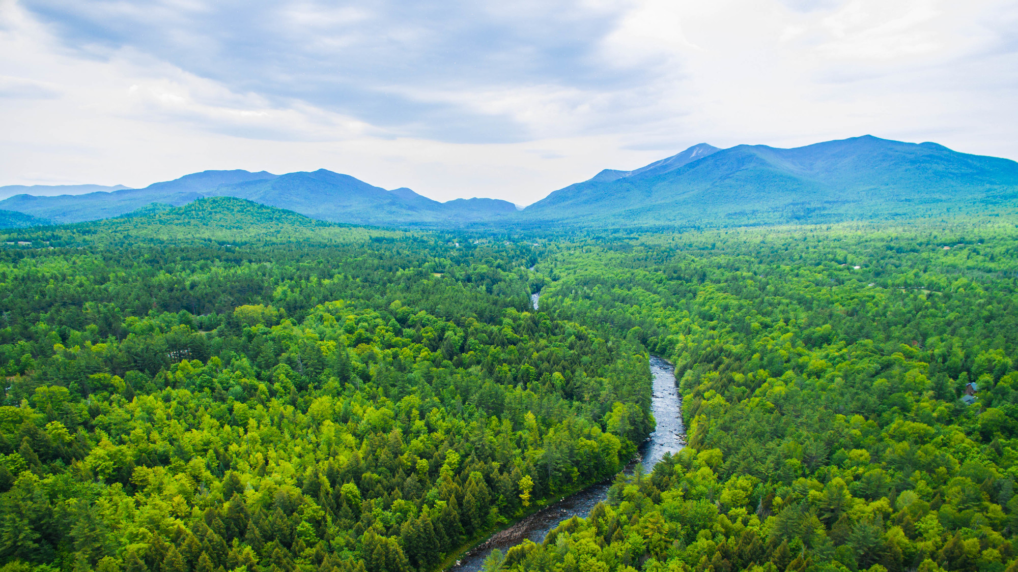 Aerial view of Ausable River with mountain views