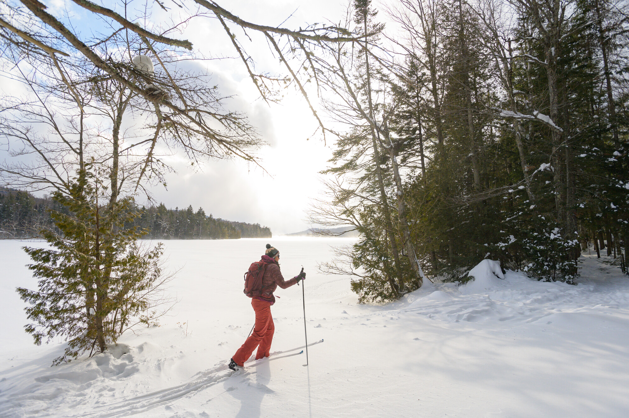 A woman cross-country skis on a trail by a frozen lake. 