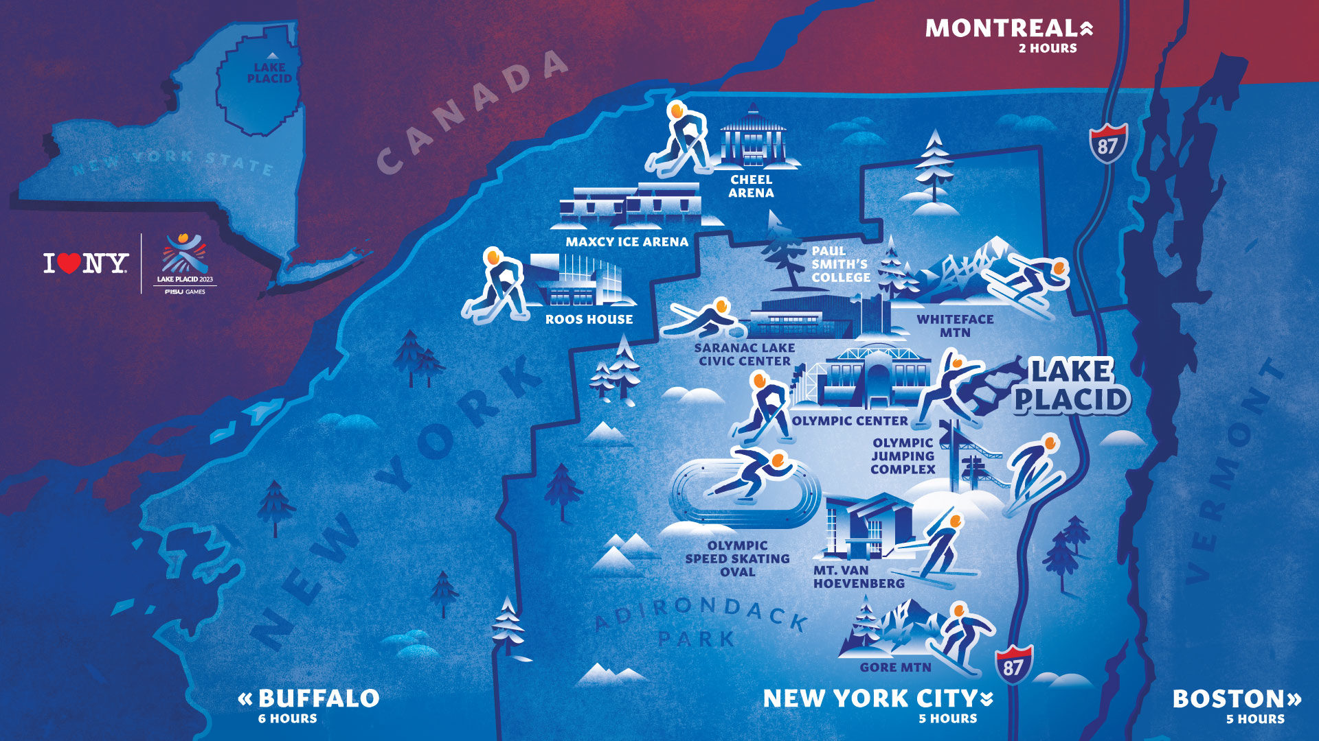 A blue illustrated map of the FISU games.