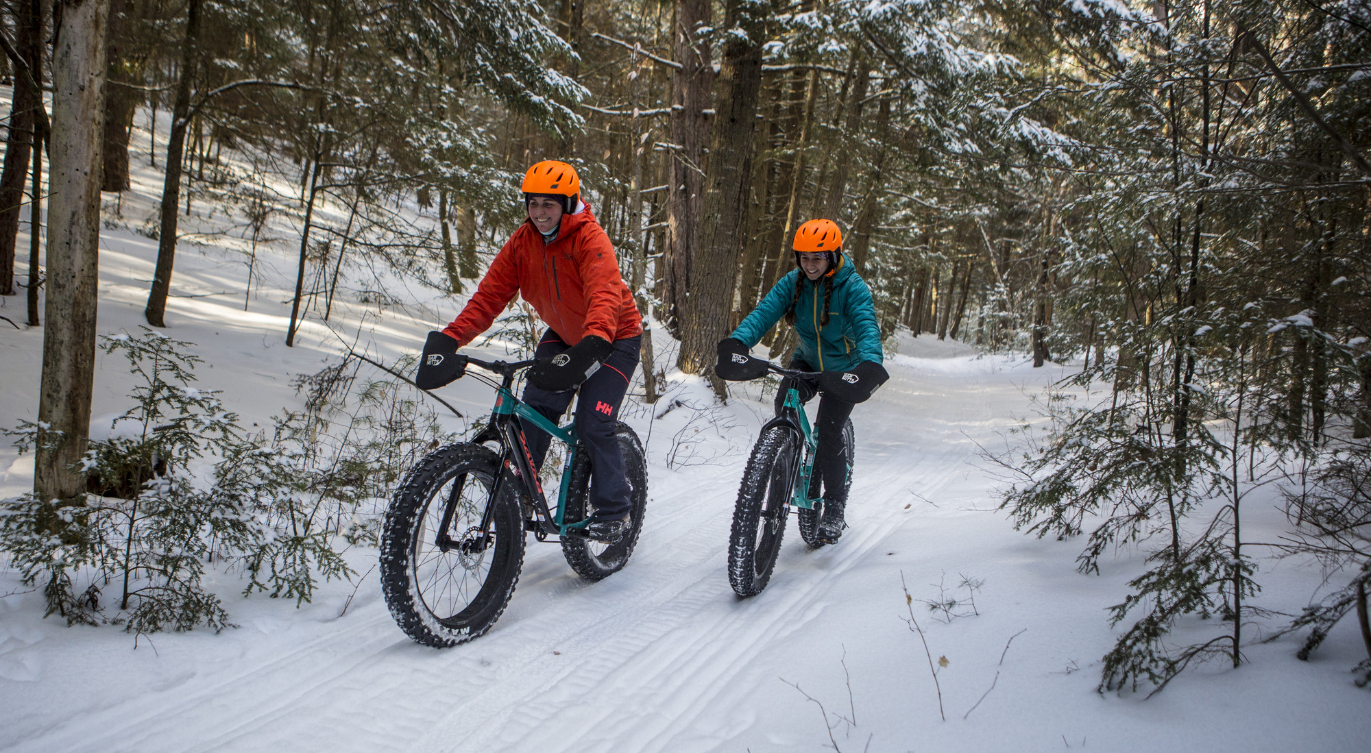 Two people fat-tire biking