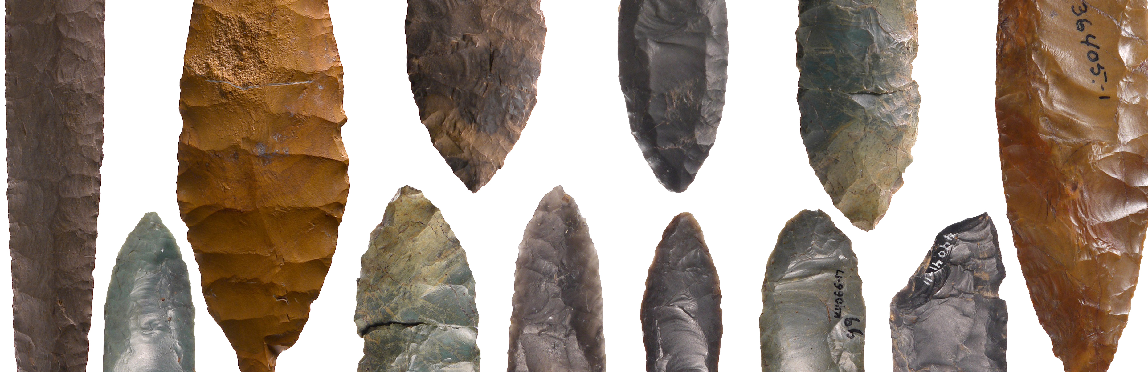 A close-up of arrowheads against a white background.