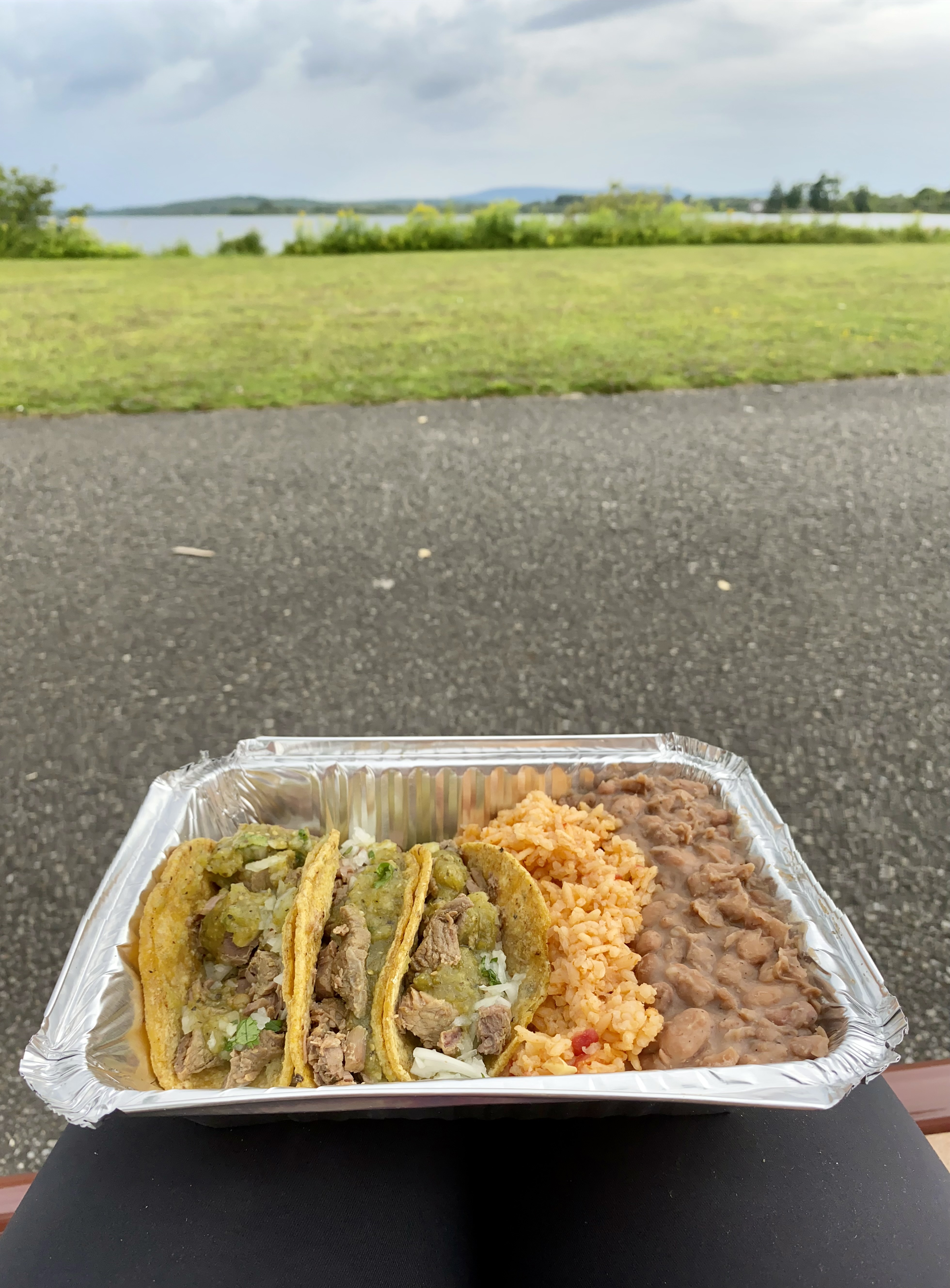 Mexican food from food truck overlooking lake