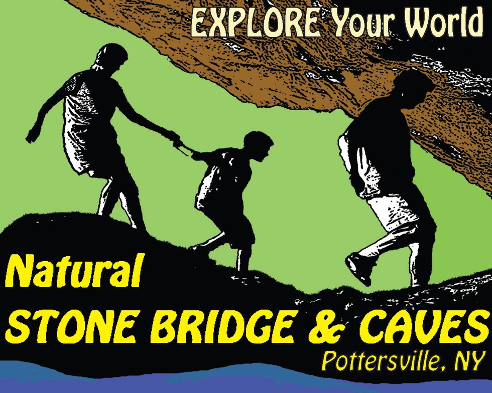 A green sign with the silhouette of hikers walking into a cave.