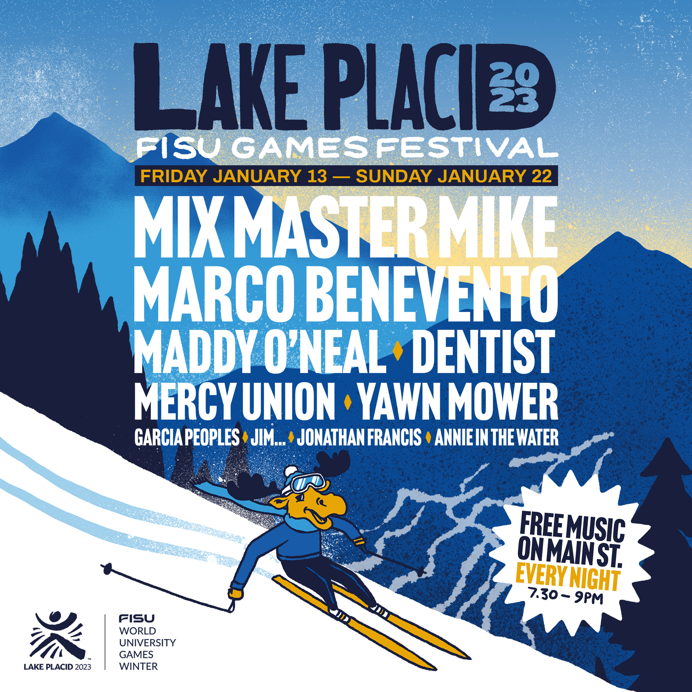 An illustrated poster for the Lake Placid 2023 FISU Winter Games Festival music performers.