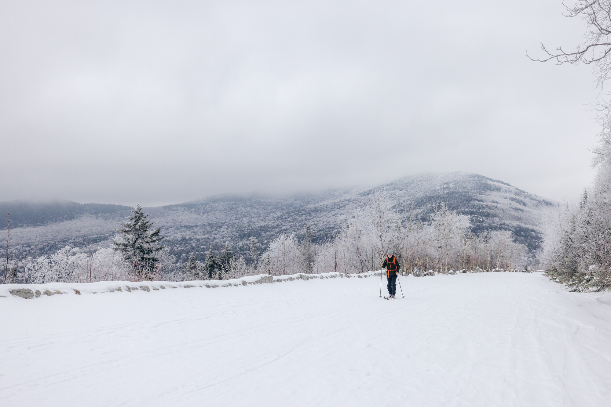 A skier in front of a frosty mountain view with rolling clouds