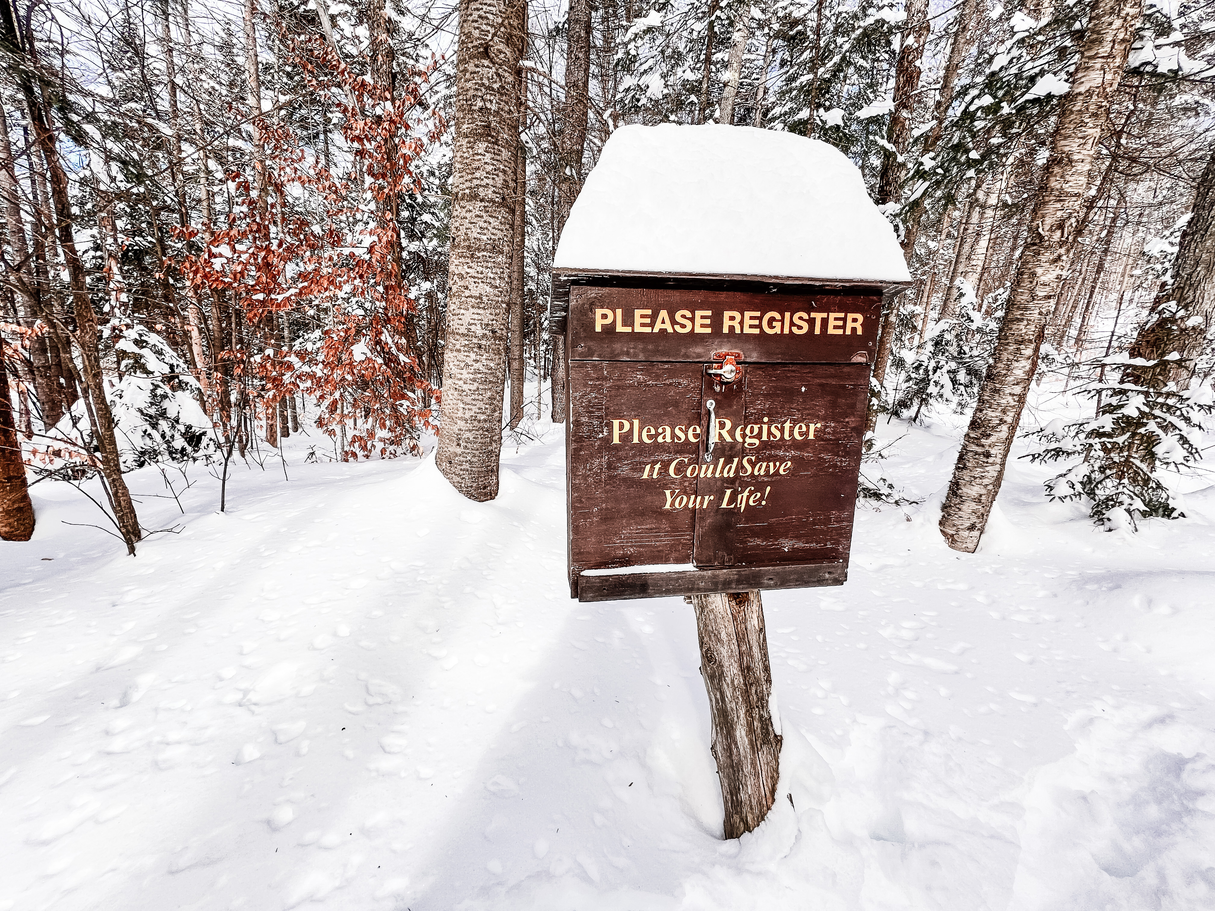 Deep snow around a brown box trail register, piled on top and high below.